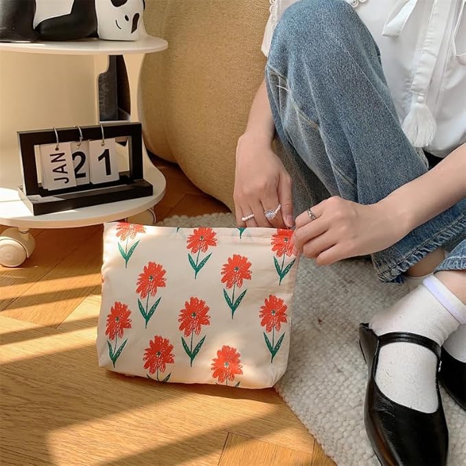 PAZIMIIK Floral Makeup Bag Large Cotton Zipper Pouch for Purse Travel Canvas Make Up Organizer for Women Cosmetic,Small Flower