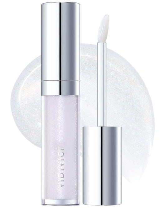 VIDIVICI Millennial Lip Oil #02 Illumination - Non-Sticky Dewy Gloss for Moisturized & Voluminous Lips - Illuminating Transparent Lavender-Blue Glitter Lip Makeup, 0.12 fl.oz.