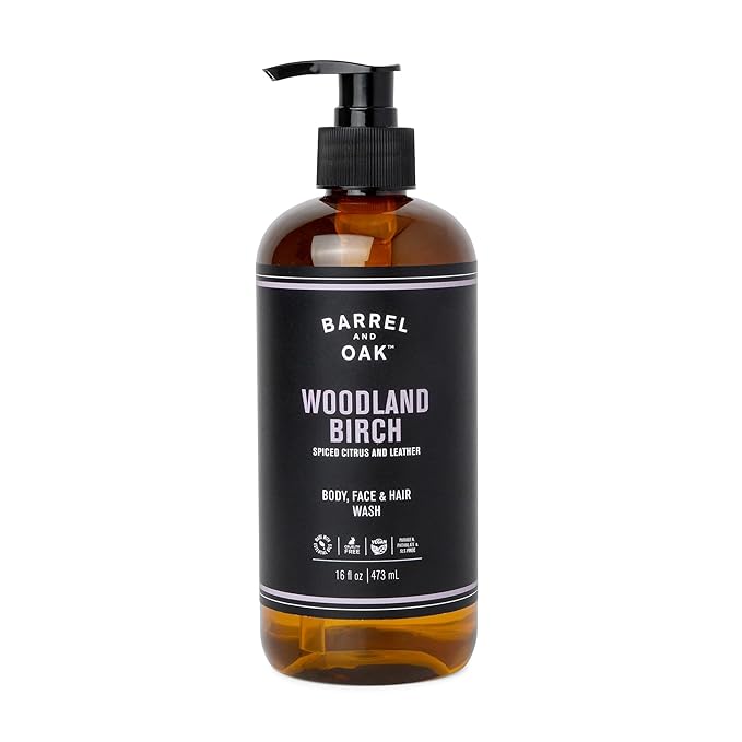 Barrel and Oak - All-In-One Body Wash, Men's Body Wash, Men's Soap for Hair, Face, & Body, Refreshing & Balanced Cleanser, Essential Oil-Based Scent, Vegan (Woodland Birch, 16 oz)