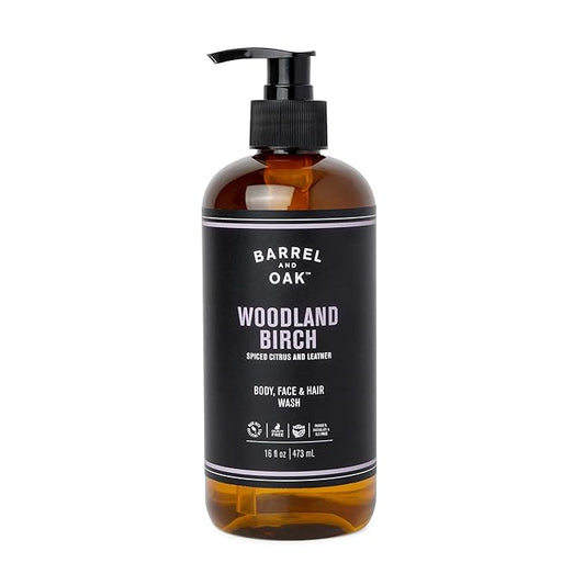 Barrel and Oak - All-In-One Body Wash, Men's Body Wash, Men's Soap for Hair, Face, & Body, Refreshing & Balanced Cleanser, Essential Oil-Based Scent, Vegan (Woodland Birch, 16 oz)