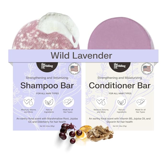 The Earthling Co. Shampoo & Conditioner Bar Set - Promote Hair Growth, Strengthen & Volumize All Hair Types - Paraben & Sulfate Free Formula with Natural Ingredients for Dry Hair (Wild Lavender)