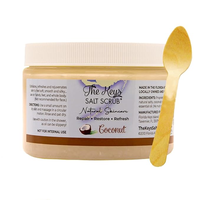 The Keys Salt Scrub -Sea Salt Scrub - Exfoliating Body Scrub with Wooden Spoon - Moisturizing Exfoliator for Hands, Foot, Bath, (12 Ounce (Pack of 1), Coconut)