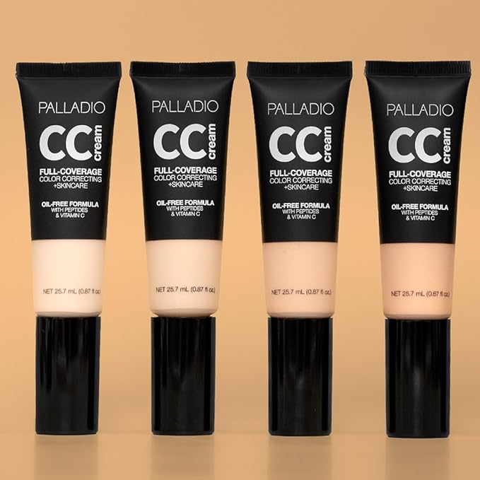 Palladio Full-Coverage Color Correction CC Cream, Oil-Free with Peptides & Vitamin C, Best for Correcting Redness and Uneven Skin Tone, Buildable Foundation Coverage (Fair 12W)