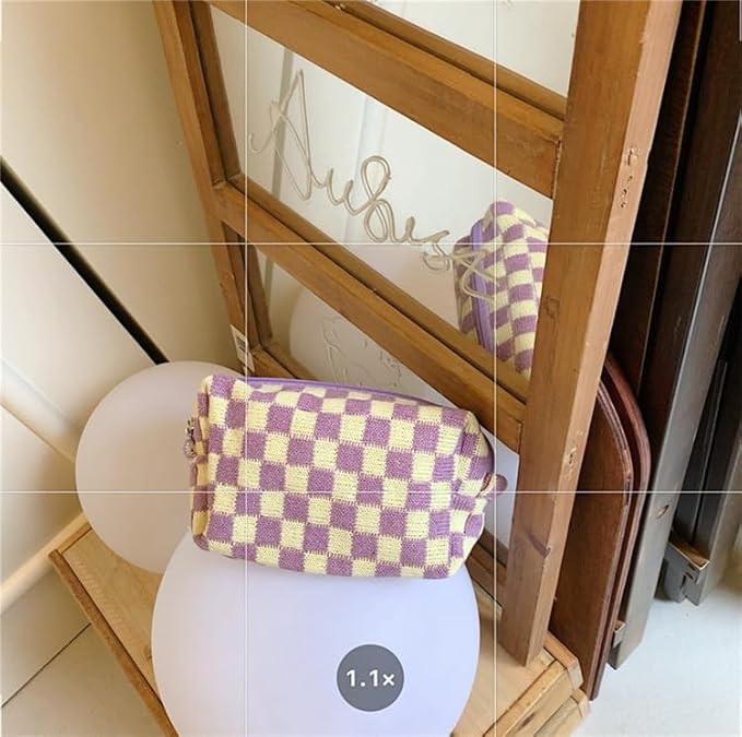 PAZIMIIK Checkered Makeup Bag for Purse Portable Zipper Make Up Pouch Small Cosmetic Case for Travel Accessories (6PCS Purple)