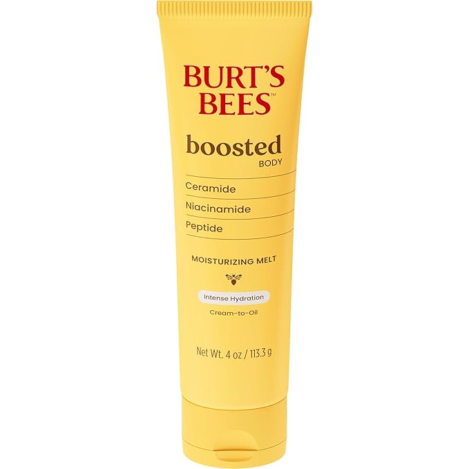 Burt's Bees Boosted Body Moisturizing Melt With a Ceramide, Niacinamide and Peptide Complex, Intense Skin Hydration, Cream-to-Oil Body Lotion Helps Support Skin Barrier, Tropical Scented, 4 oz. Tube