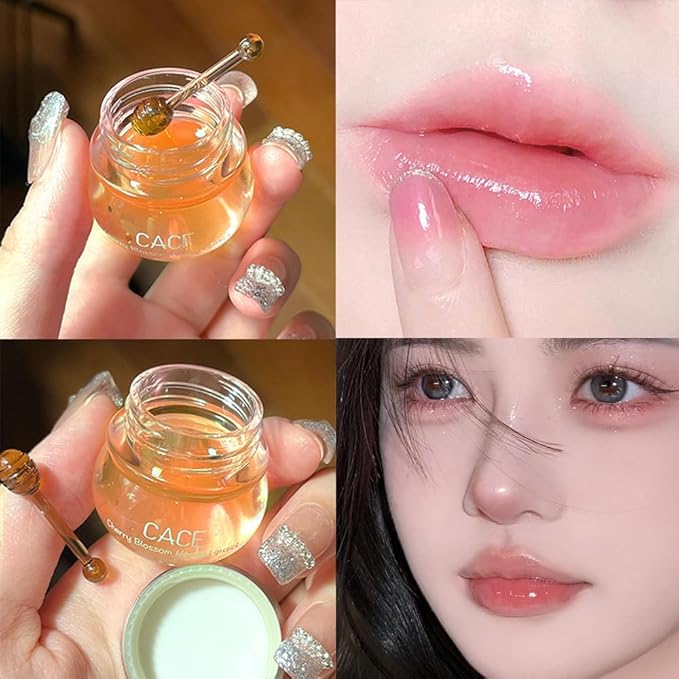 Moisturizing Cherry Blossom Honey Lip Oil Lipsticks,Hydrating Propolis Lip Sleeping Mask,Cherry Lip Balm Honey Pot Lip Mask, Prevent Dry&Cracked, Nourishing Repair Dry Crack Lipblam Lips Care