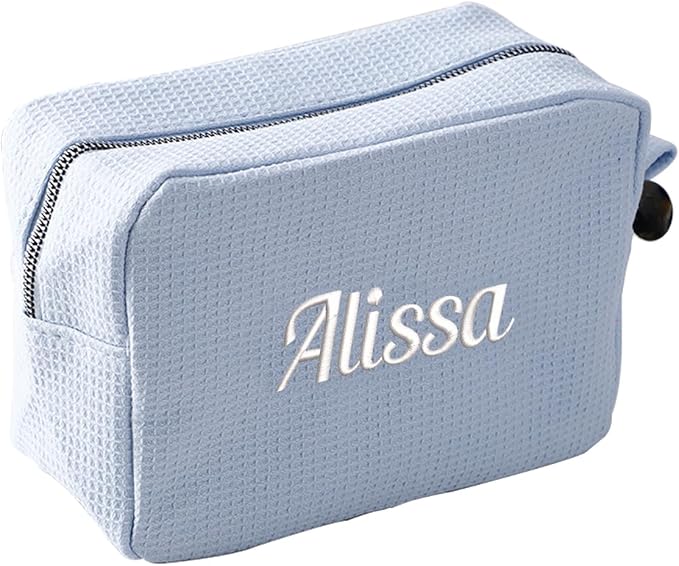 GOPHIE Personalized Embroidered Makeup Bag,Custom Waffle Fabric Cosmetic Pouch for Women, Travel Makeup Pouch (6, Sky Blue)