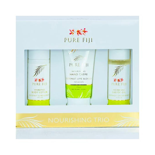 Pure Fiji Nourishing Trio, Ideal Spa Bath Gift Set for Women - Travel Kit - Includes Exotic Body Oil , Hydrating Body Lotion For Women and Nourishing Hand Cream, Coconut Lime Blossom Scent