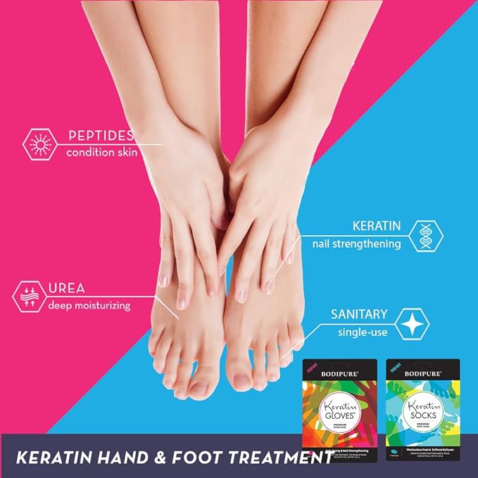 Bodipure Premium Hand and Foot Mask | Moisturizing Kertain Gloves & Socks | Hydrating Dull Dry Hands, Cracked Heels, Callus Softening & Nail Strengthening | Chemical-Free Feet Treatment | (6+6 Pack)