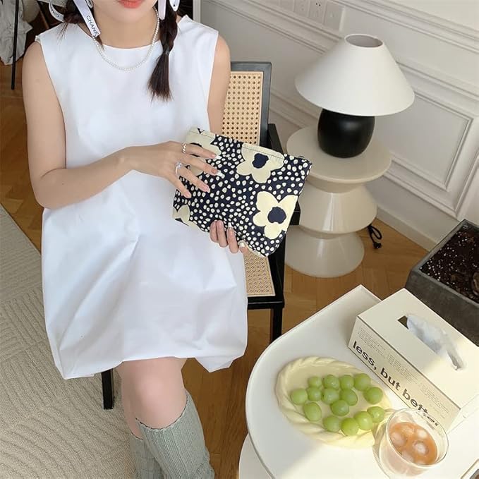 PAZIMIIK Floral Makeup Bag Large Cotton Zipper Pouch for Purse Travel Canvas Make Up Organizer for Women Cosmetic,Floral Navy Blue