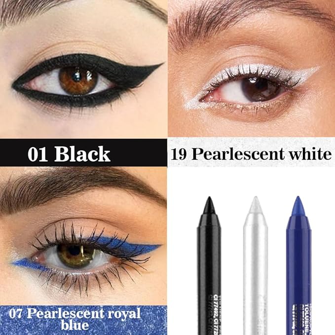 evpct 3Pcs Black & Pearl White & Shimmer Royal Blue Gel Glitter Eyeliner Pencils Set for Women, Waterproof Smudge Proof lapiz de ojos delineador de ojos contra el agua Eye Liner Makeup 01 19 07