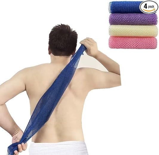 4 Pack Back Scrubber for Shower,Exfoliating Body Scrubber,Bath Sponge Net，Exfoliating Washcloth（Pink&Blue&Purple&Beige