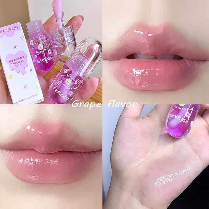 4Pcs Fruit Flavored Lip Gloss Oil Set,Big Brush Head Lip Oil,Cute Lip Hydrating Nourishing Lip Gloss, Jelly Glossy Finish Lip Glow Oil,for Kids and Teens, Kid Friendly, Party Gift, Non-toxic