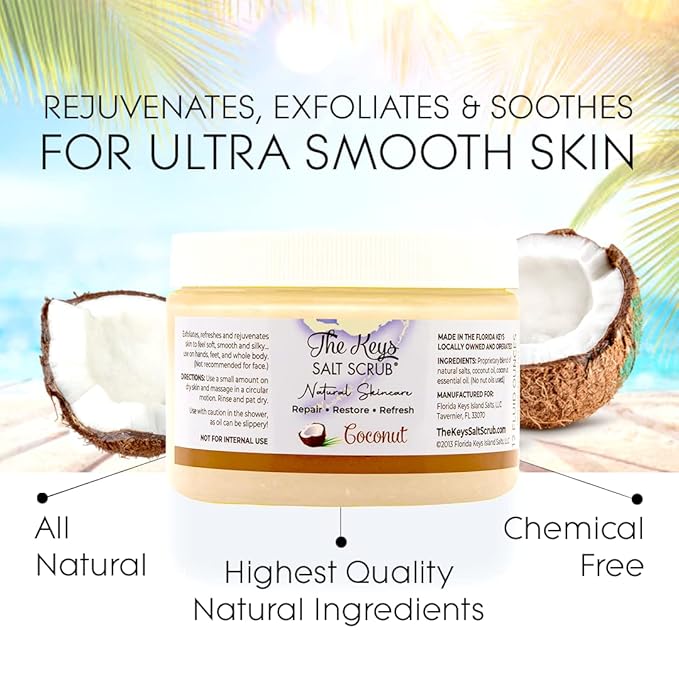The Keys Salt Scrub -Sea Salt Scrub - Exfoliating Body Scrub with Wooden Spoon - Moisturizing Exfoliator for Hands, Foot, Bath, (12 Ounce (Pack of 12), Coconut)