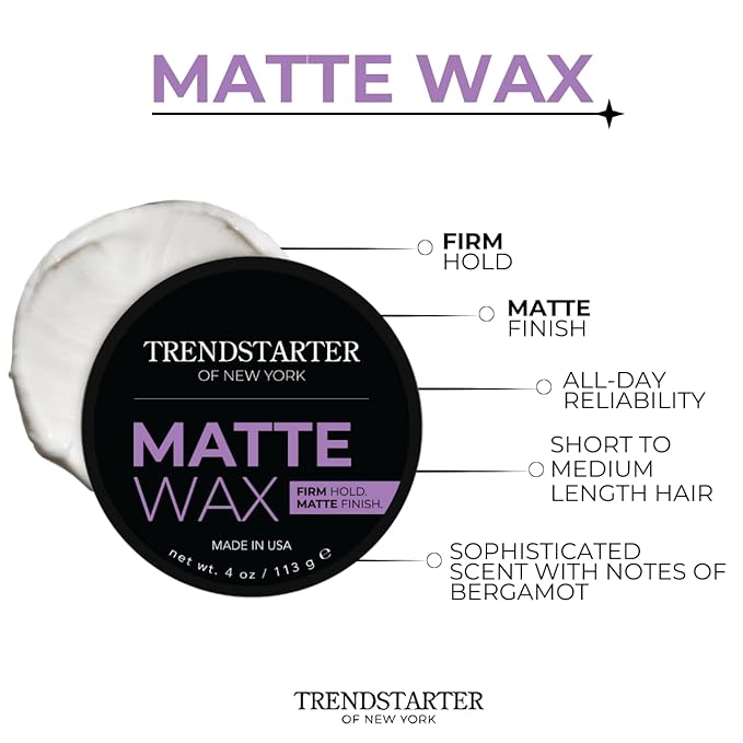 TRENDSTARTER - MATTE WAX (4oz) - Firm Hold - Matte Finish - Premium Water Based All-Day Hold Hair Styling Pomade – Flake-Free Styling Wax for All Hair Types