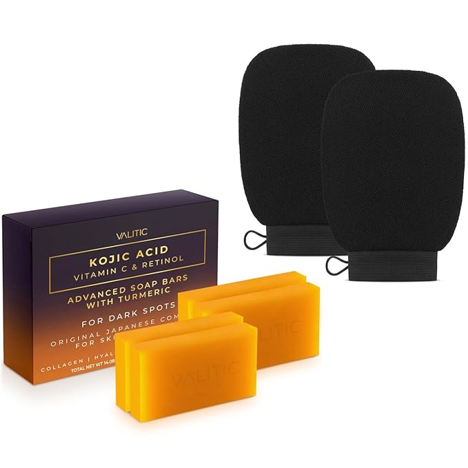 VALITIC 4 Pack Kojic Acid Vitamin C & Retinol Soap Bars for Dark Spot & A Pair of Black Exfoliating Gloves for Body Scrubs