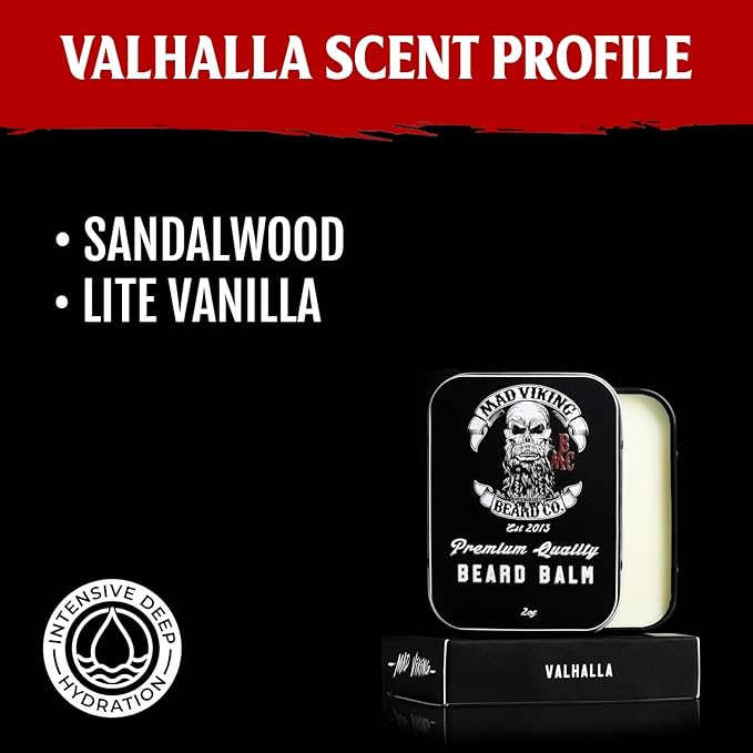 Mad Viking Valhalla Beard Balm – Non-Greasy Balm to Soften and Style with a Medium Hold - Made with Shea Butter, Beeswax & Premium Oils - Smooth Sandalwood & Vanilla Scent, Made in the USA - 2oz