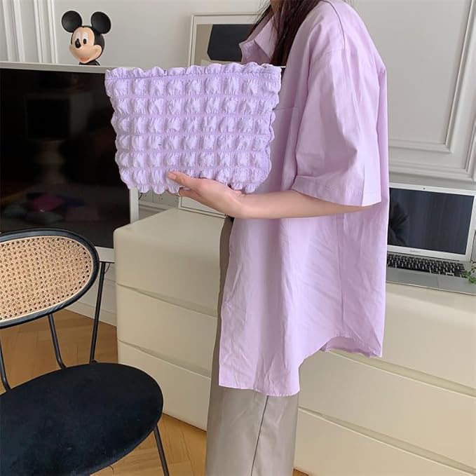 PAZIMIIK Floral Makeup Bag Large Cotton Zipper Pouch for Purse Travel Canvas Make Up Organizer for Women Cosmetic,Bubble Purple