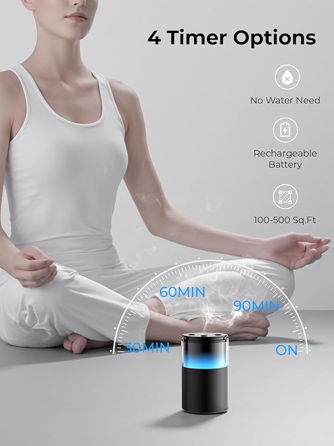Waterless Essential Oil Diffuser: Battery Mini Scent Diffusers for Home&Car with 8 Color LED Night Light — Cool Mist Aroma Machine Deep Black