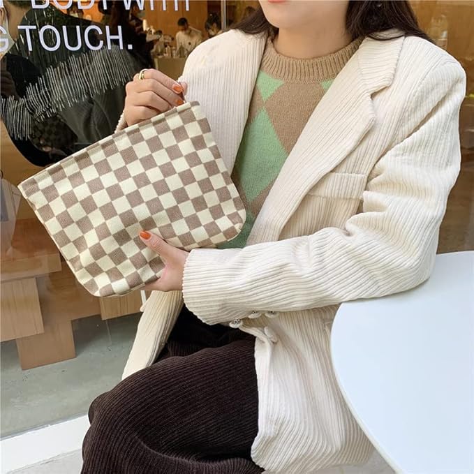 PAZIMIIK Makeup Bag Large Zipper Corduroy Make Up Pouch for Purse Travel Canvas Cosmetic Organizer for Women Brush Storage,Checkered Light Brown