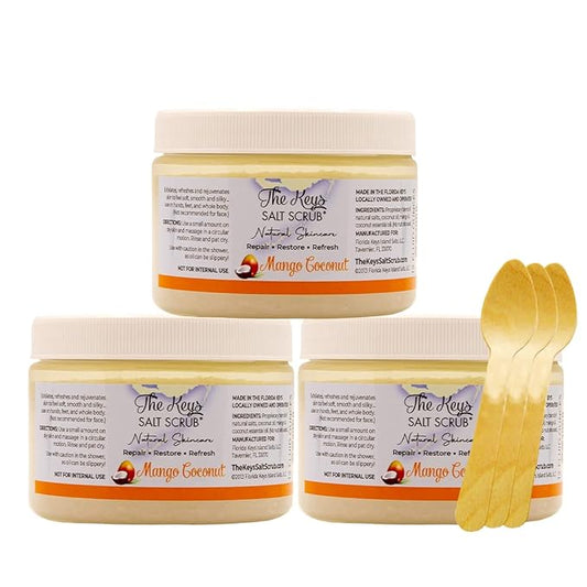 The Keys Salt Scrub -Sea Salt Scrub - Exfoliating Body Scrub with Wooden Spoon - Moisturizing Exfoliator for Hands, Foot, Bath, (12 Ounce (Pack of 3), Mango Coconut)