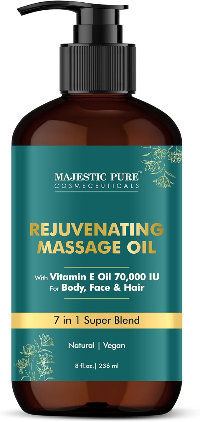 MAJESTIC PURE Vitamin E 70k Blend Massage Oil for Massage Therapy - Refreshing, and Relaxing - Natural Oils with Sweet Almond, Jojoba, Argan & Avocado - for All Skin Types - Men and Women - 8 fl oz