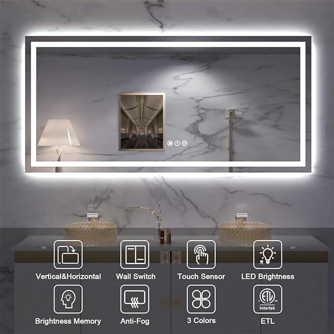 Amorho LED Bathroom Mirror 68"x 36" with Front and Backlight, Stepless Dimmable Vanity Mirrors with Anti-Fog, Shatter-Proof, Memory, 3 Colors, Large Lighted Mirrors for Wall