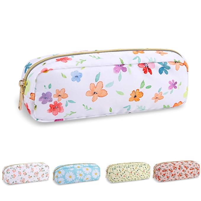 Waterproof Small Floral Pencil Case Makeup Bag for Purse,Cute Flower Pencil Pouch Preppy Nylon Makeup Brush Holder with Zipper,Girls Portable Storage Case Pen Bag for Work(Slim Colorful-Flowers)