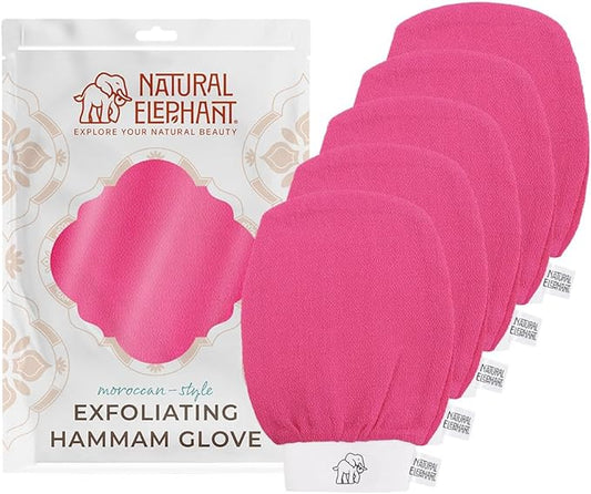 Natural Elephant Exfoliating Hammam Glove | Authentic Moroccan Kessa Body Scrub Mitt for Spa-Quality Skin Renewal | Pink Tulip 5 Pack