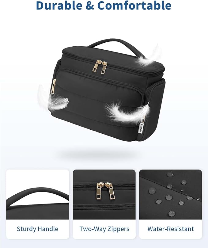 WANDF Travel Toiletry Bag for Women, Wide-open Large Makeup Bag with Handle, Puffy Makeup Organizer for Toiletries, Cosmetics, Accessories, Essentials (Black)