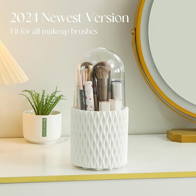 Makeup Brush Holder Organizer - 360° Rotating Makeup Brush Organizer 5 Slot Make up Brushes Cup for Cosmetics, Lipsticks, Art Supply, Bathroom Vanity Desktop Storage (White with Cover)