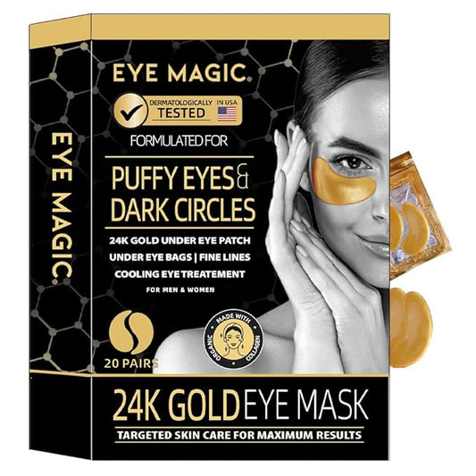 Eye Magic Gold Under Eye Gel Patch (20 Pairs) Herbal Cooling Eye Skincare Treatment for Puffy Eyes, Dark Circles, Fine Lines, Wrinkles USA Tested