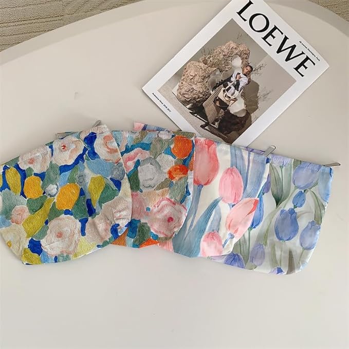 PAZIMIIK Floral Makeup Bag Large Cotton Zipper Pouch for Purse Travel Canvas Make Up Organizer for Women Cosmetic,Garden Blue