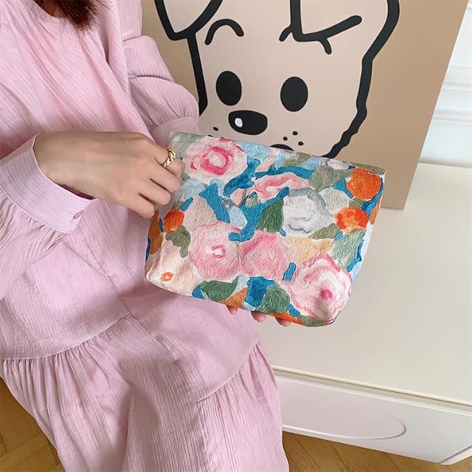 PAZIMIIK Floral Makeup Bag Large Cotton Zipper Pouch for Purse Travel Canvas Make Up Organizer for Women Cosmetic,Garden Orange