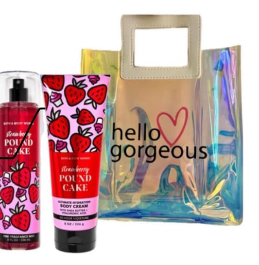 White Barn - Bath and Body Works - Gift Set 2 Piece Bundle - with Gift Bag HELLO GORGEOUS (Strawberry Pound Cake)