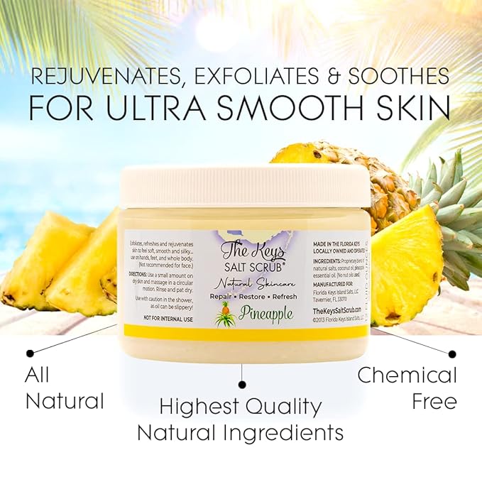 The Keys Salt Scrub -Sea Salt Scrub - Exfoliating Body Scrub with Wooden Spoon - Moisturizing Exfoliator for Hands, Foot, Bath, (12 Ounce (Pack of 1), Pineapple)