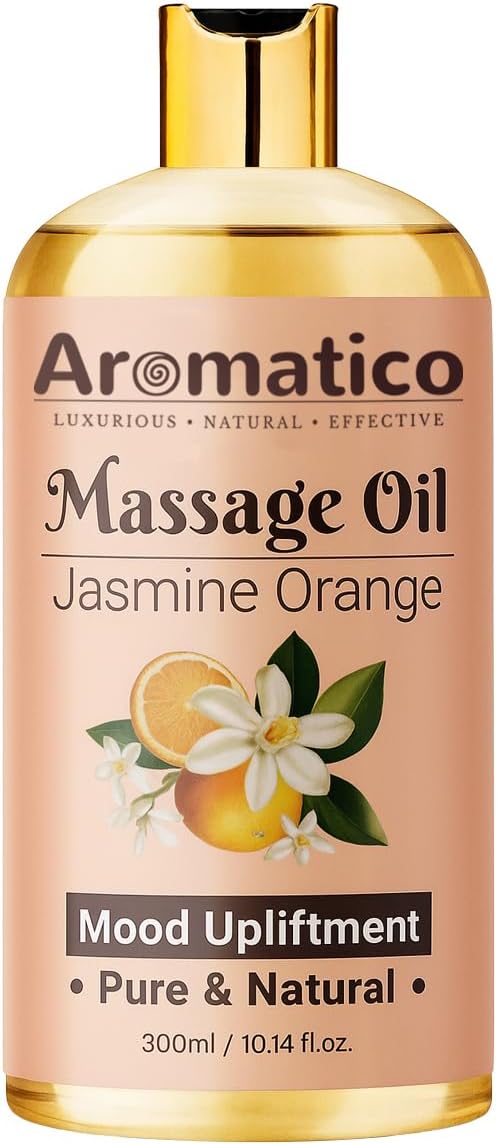 Massage Oil with Jasmine & Orange Essential Oils – Infused with Sesame, Almond & Jojoba Oils – Full Body Massage Oil for Relaxation – for Men & Women – 10 Fl Oz