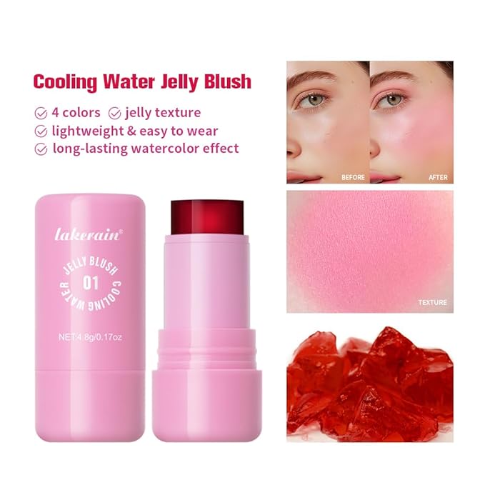 Jelly Cooling Blush Stick, Milk Water Tint, Clear Glossy Long Lasting Sheer Lip & Cheek Stain, Waterproof Light Non-Sticky Buildable Watercolor Finish-Vegan (#1 poppy pink, 0.17oz)