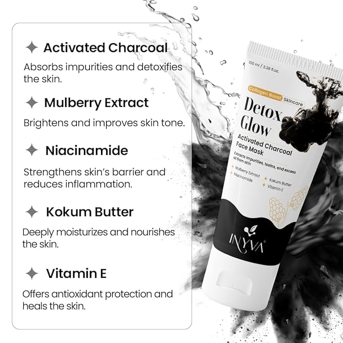 DetoxGlow Activated Charcoal Face Mask | With Mulberry Extract, Niacinamide, Kokum Butter & Vitamin E | Deep Cleansing & Brightening | Hydrates & Nourishes Skin | For All Skin Types - 3.38 Oz