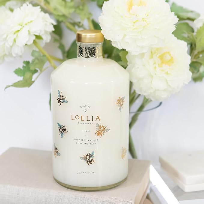 Lollia Wish Bubble Bath, 33.8 fl. oz., Sugared Pastille Scent, Gentle & Moisturizing Luxury Bubble Bath Soap with Hydrating Ingredients, Body Skin Care for Women