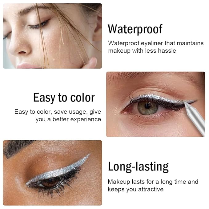 evpct Silver Gray Glitter Eyeliner Pencil for Eyes, Silver Grey Metallic Shimmer Eye Liner Pencil Makeup Waterproof Smudge Proof, Colored Gel Waterline Eyeliner, Face Eye Paint Stick Halloween Makeup