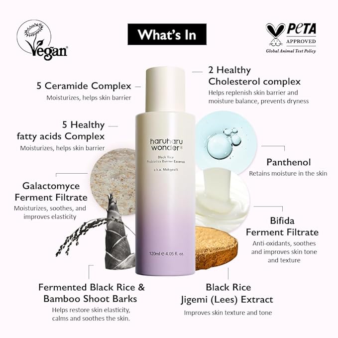 haruharu Wonder Black Rice Probiotics Barrier Essence 1.01 fl. oz., Travel Size Essence Toner to Strengthen Skin Barrier with Ceramides, Soothing, Moisturizing, Plumping, Korean Skincare