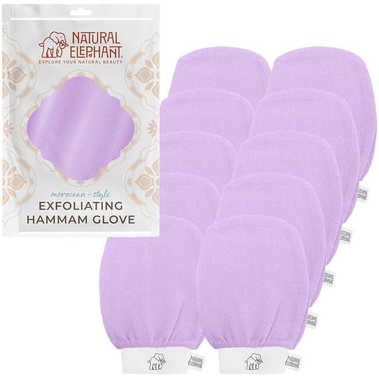 Natural Elephant Exfoliating Hammam Glove - Face and Body Exfoliator Mitt 5 and 10 Packs (Lovely Lilac (Pack of 10))