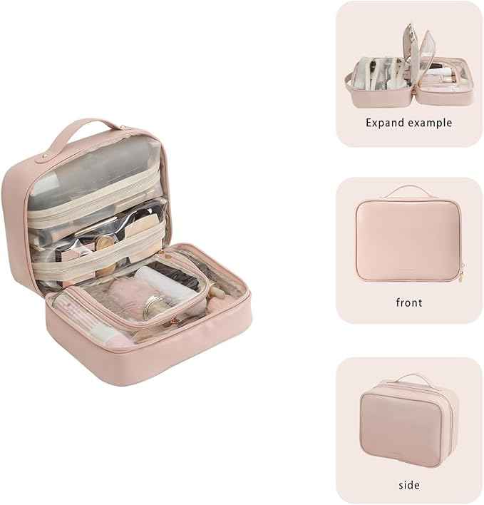 RIGHT AWAY Travel Toiletry Bag for Women,Large Makeup Bag& Cases,Waterproof Cosmetic Organizer Bag with Compartments,Portable Make Up Bag for Travel Size Toiletries,Skincare,Brushes Set,Pink