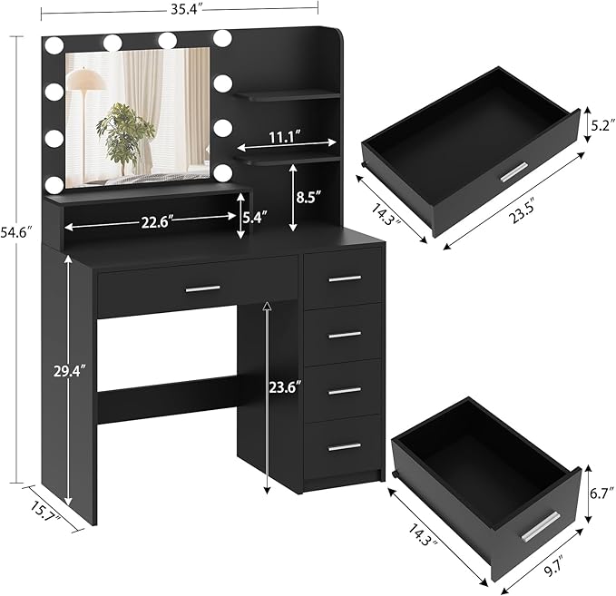 Quimoo Makeup Vanity Desk with Mirror & Lights, Vanity Desk with 5 Drawers & Storage Shelves, Vanity Table, 3 Color Modes & Adjustable Brightness Dressing Table, Bedroom, Black