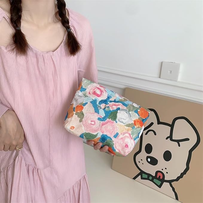 PAZIMIIK Floral Makeup Bag Large Cotton Zipper Pouch for Purse Travel Canvas Make Up Organizer for Women Cosmetic,Garden Orange