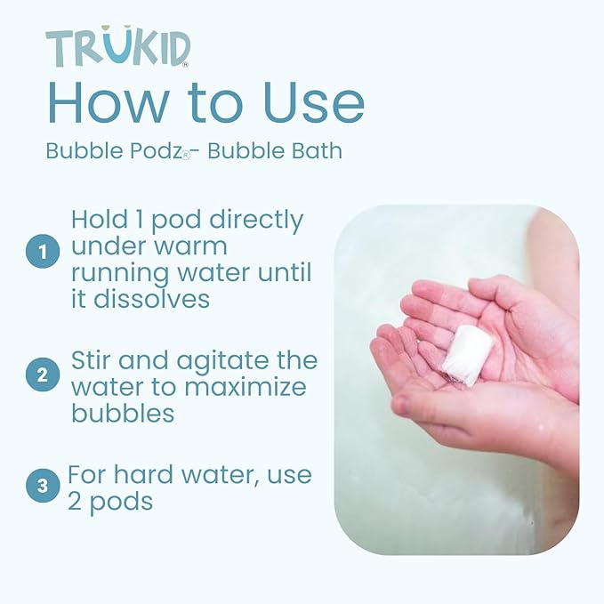 TruKid Bubble Podz Bubble Bath for Kids, Toddlers, & Babies, Tear Free Gentle & Refreshing Bath Bomb for Sensitive Skin with Natural Moisturizers, Non-Toxic, pH Balanced, Cherry Scent (60 Podz)