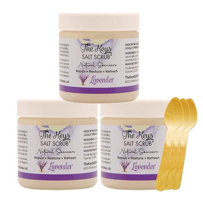 The Keys Salt Scrub - Lavender Sea Salt Scrub - Exfoliating Body Scrub with Wooden Spoon - Moisturizing Exfoliator for Face, Hands, Foot, Bath, Manicure/Pedicure & Bikini Area Skin Care (3pcs, 3.4oz)