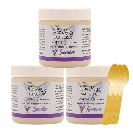 The Keys Salt Scrub - Lavender Sea Salt Scrub - Exfoliating Body Scrub with Wooden Spoon - Moisturizing Exfoliator for Face, Hands, Foot, Bath, Manicure/Pedicure & Bikini Area Skin Care (3pcs, 3.4oz)