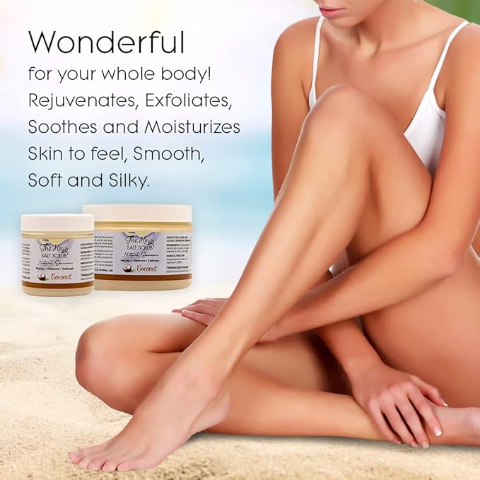 The Keys Salt Scrub -Sea Salt Scrub - Exfoliating Body Scrub with Wooden Spoon - Moisturizing Exfoliator for Hands, Foot, Bath, (12 Ounce (Pack of 1), Coconut)